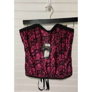 Living Dead Souls Pink Black Floral Lace Sexy Corset Top Womens Size Large NEW